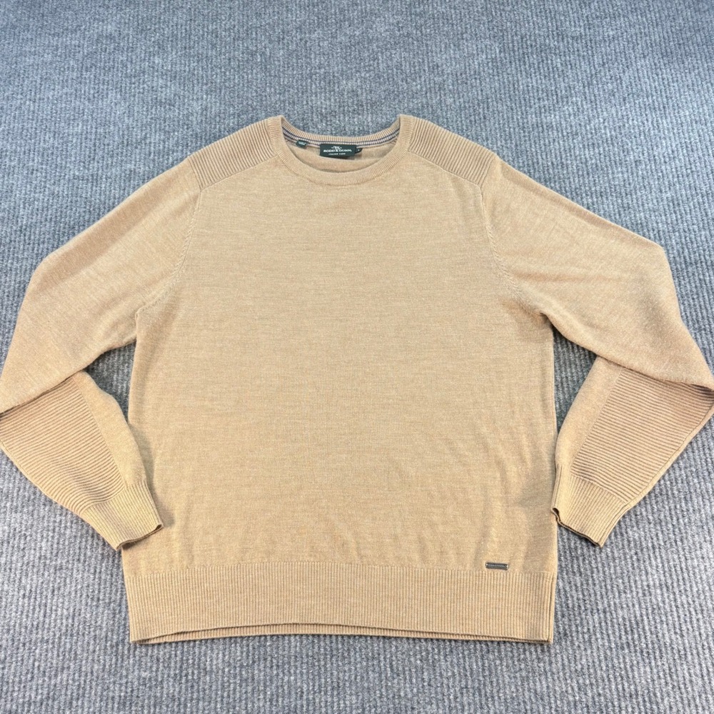 Rodd & Gunn Men Extra Fine Merino Wool Italian Yarn Crewneck Sweater Tan Large